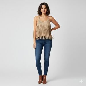 MOA MOA Size Large Faux Suede Tiered Fringe V-Neck Tank Top in Tan/Khaki NWT